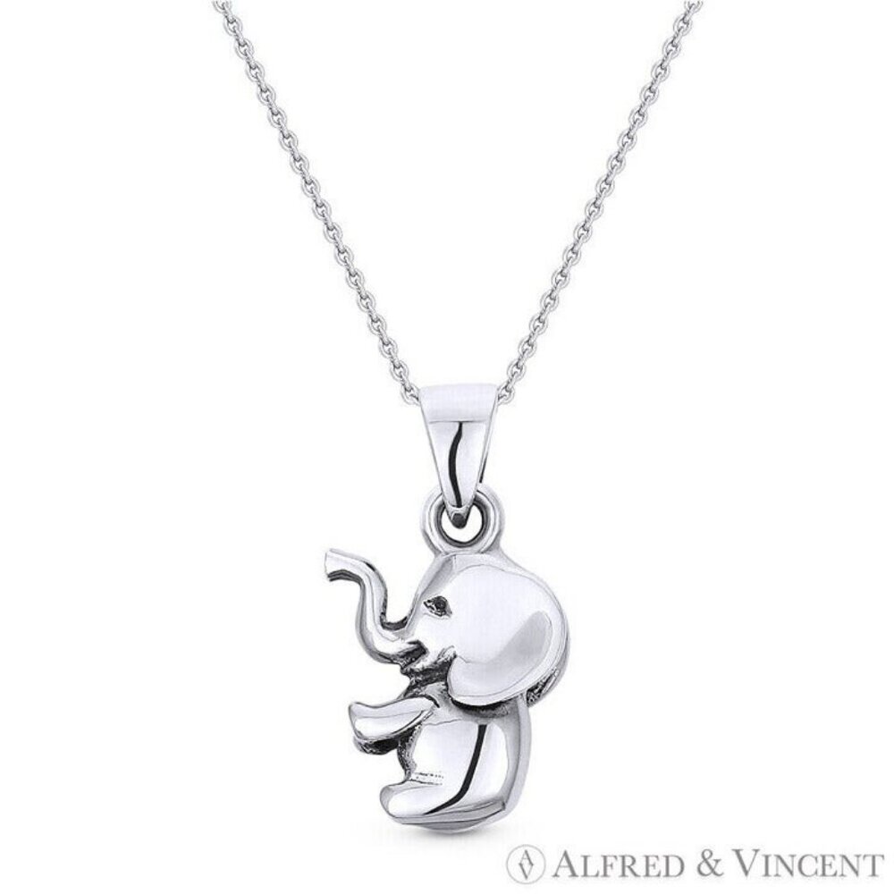 Baby Elephant Animal Charm 3D Pendant in .925 Sterling Silver